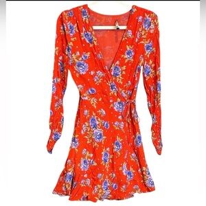 Zara Boho Red Floral Mini Wrap Dress V-Neck Ruched 3/4-Length Sleeve Sz XS